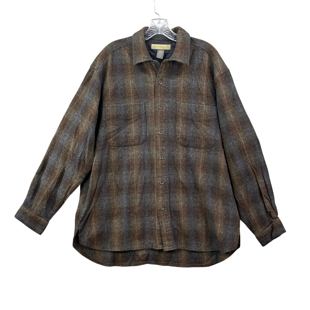 Naturalife Plaid Flannel Shirt Jacket Mens XL Brown Wool Blend Lined Shacket